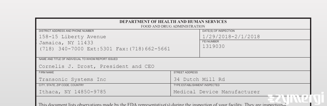 FDANews 483 Transonic Systems Inc Feb 1 2018 top