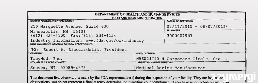 FDANews 483 TreyMed, Inc. Aug 7 2015 top