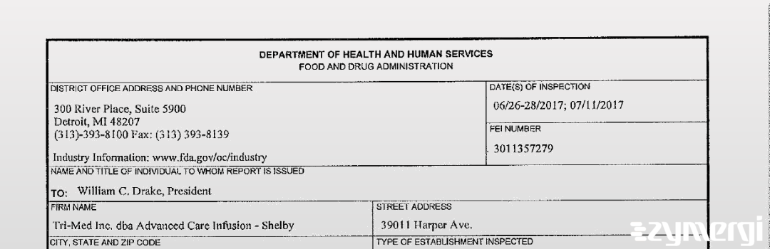 FDANews 483 Tri-Med, Inc. dba Advanced Care Infusion-Shelby Jul 11 2017 top