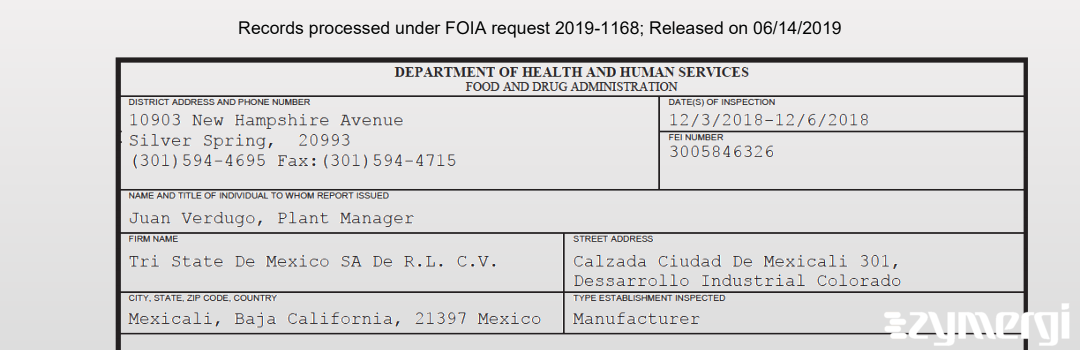 FDANews 483 Tri State De Mexico SA De R.L. C.V. Dec 6 2018 top