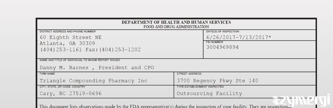 FDANews 483 Triangle Compounding Pharmacy Inc Jul 13 2017 top