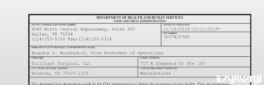 FDANews 483 Trilliant Surgical, LLC Dec 11 2019 top