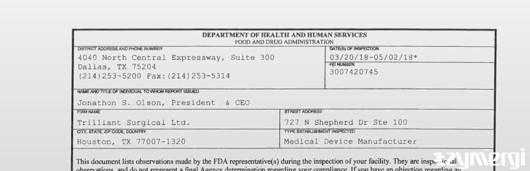 FDANews 483 Trilliant Surgical LTD May 2 2018 top