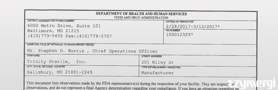 FDANews 483 Trinity Sterile,  Inc. Mar 13 2017 top