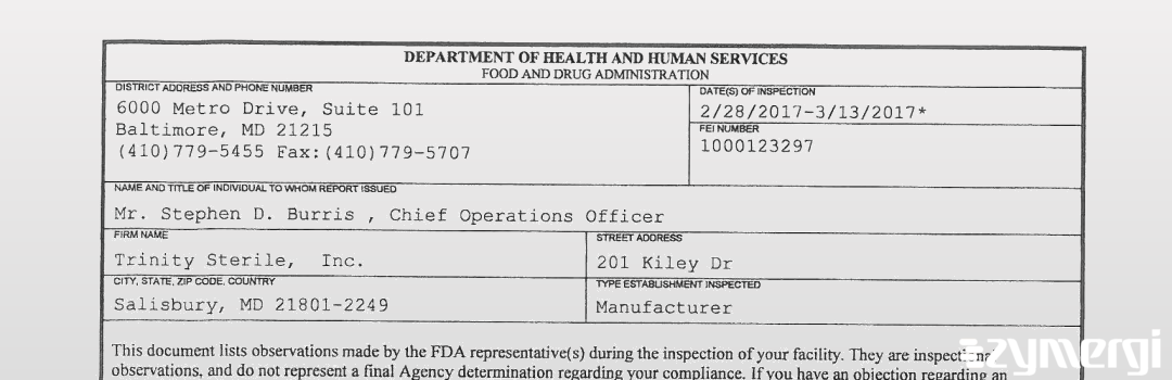 FDANews 483 Trinity Sterile, Inc. Mar 13 2017 top