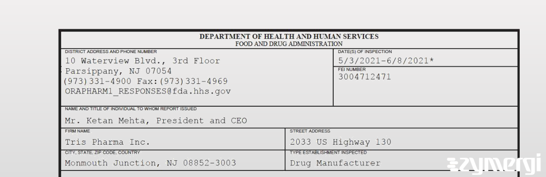 FDANews 483 Tris Pharma Inc. Jun 8 2021 top