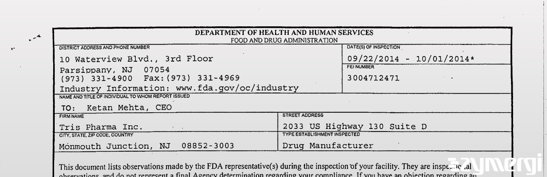 FDANews 483 Tris Pharma Inc. Oct 1 2014 top