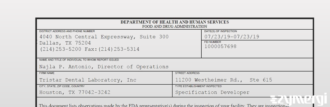 FDANews 483 Tristar Dental Laboratory, Inc Jul 23 2019 top