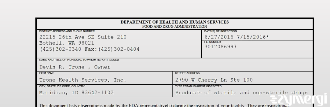 FDANews 483 Trone Health Services, Inc. Jul 15 2016 top