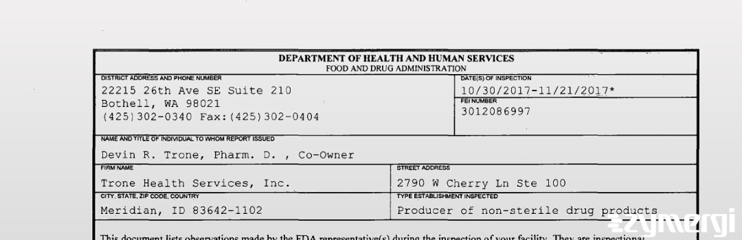 FDANews 483 Trone Health Services, Inc. Nov 21 2017 top