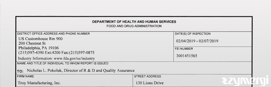 FDANews 483 Troy Manufacturing, Inc. Feb 7 2019 top