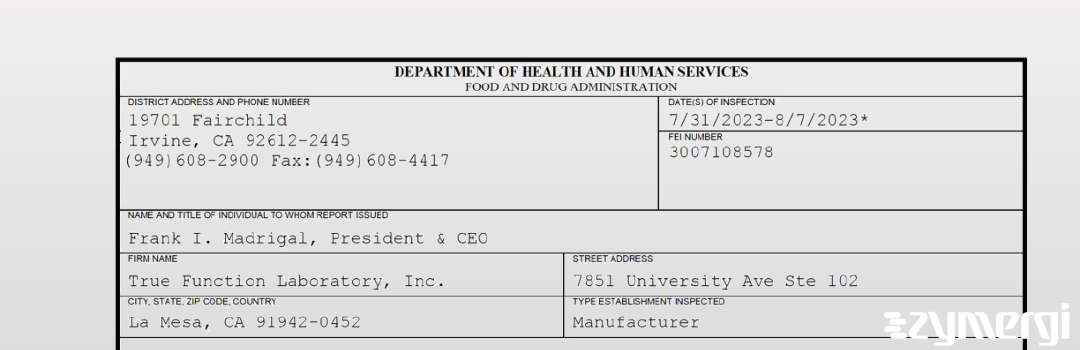 FDANews 483 True Function Laboratory, Inc. Aug 7 2023 top