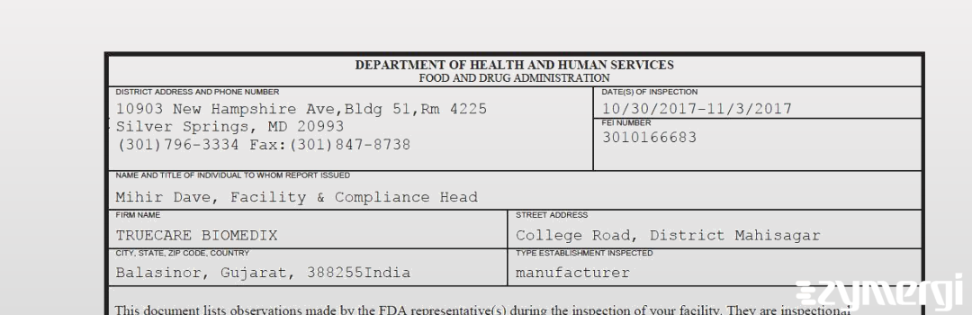 FDANews 483 TRUECARE BIOMEDIX Nov 3 2017 top