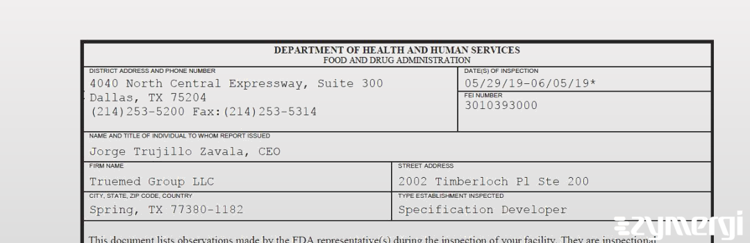 FDANews 483 Truemed Group LLC Jun 5 2019 top