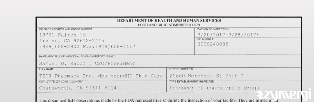 FDANews 483 TSDR Pharmacy Inc. dba brandMD Skin Care Mar 28 2017 top