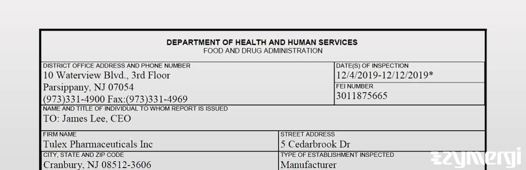 FDANews 483 Tulex Pharmaceuticals Inc. Dec 12 2019 top