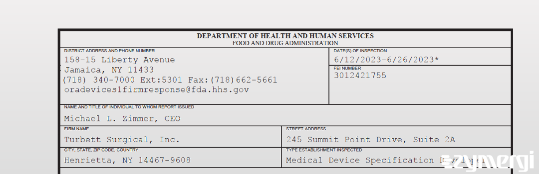 FDANews 483 Turbett Surgical, Inc. Jun 26 2023 top