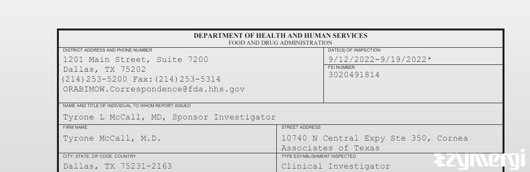 FDANews 483 Tyrone McCall, M.D. Sep 19 2022 top