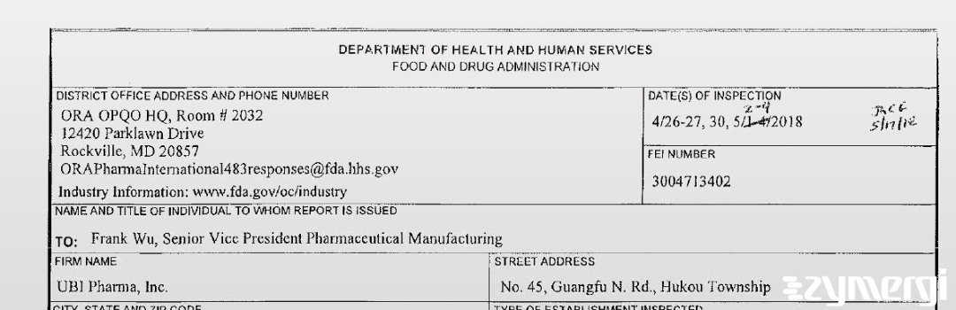 FDANews 483 UBI Pharma, Inc. May 4 2018 top