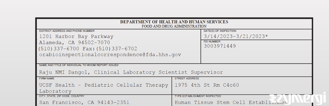 FDANews 483 UCSF Health - Pediatric Cellular Therapy Laboratory Mar 21 2023 top