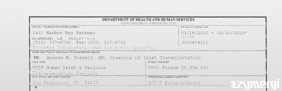 FDANews 483 UCSF Human Islet & Cellular Transplantation Facility Mar 31 2010 top