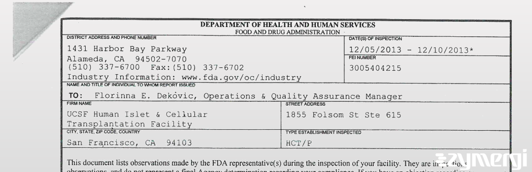 FDANews 483 UCSF Human Islet & Cellular Transplantation Facility Dec 10 2013 top