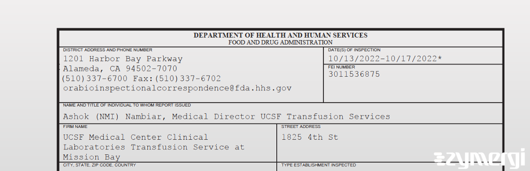 FDANews 483 UCSF Medical Center Clinical Laboratories Transfusion Service at Mission Bay Oct 17 2022 top