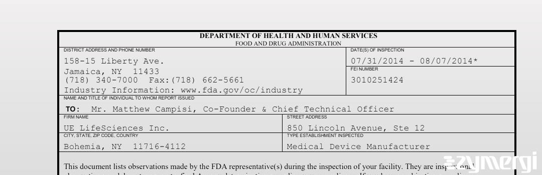 FDANews 483 UE LifeSciences Inc. Aug 7 2014 top