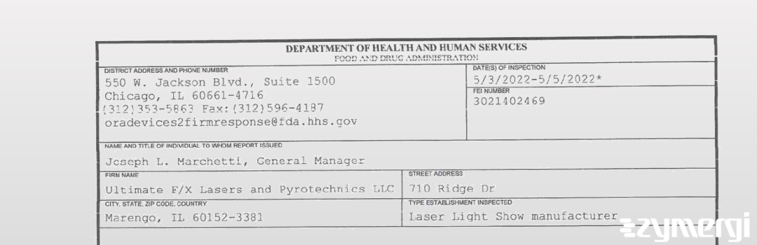 FDANews 483 Ultimate F/X Lasers and Pyrotechnics LLC May 5 2022 top