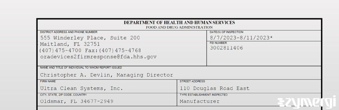 FDANews 483 Ultra Clean Systems, Inc. Aug 11 2023 top