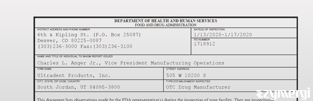 FDANews 483 Ultradent Products, Inc. Jan 17 2020 top