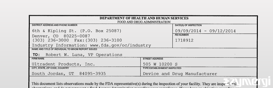FDANews 483 Ultradent Products, Inc. Sep 12 2014 top
