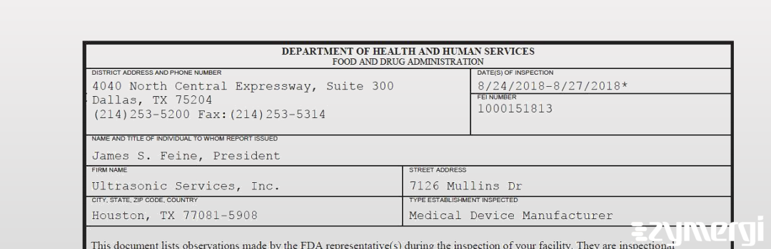 FDANews 483 Ultrasonic Services, Inc. Aug 27 2018 top