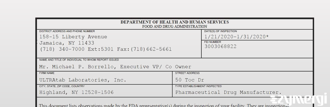 FDANews 483 ULTRAtab Laboratories, Inc. Jan 31 2020 top