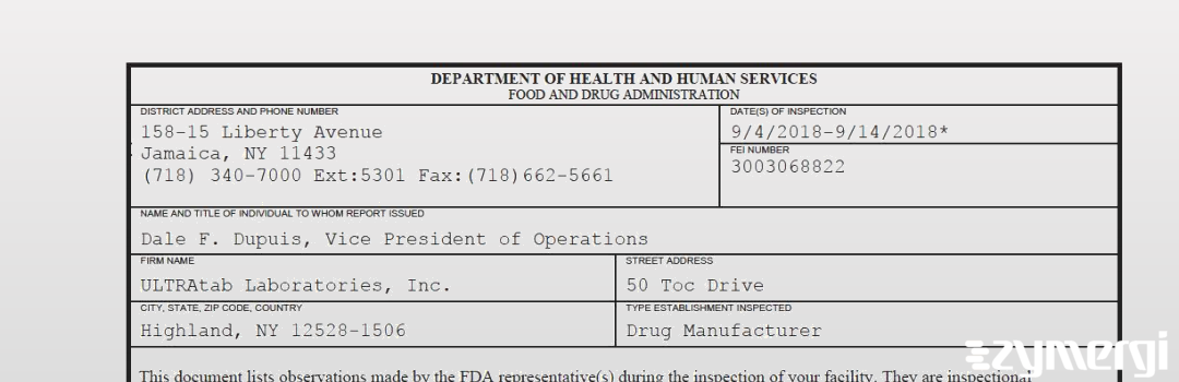 FDANews 483 ULTRAtab Laboratories, Inc. Sep 14 2018 top