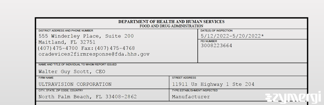 FDANews 483 ULTRAVISION CORPORATION May 20 2022 top