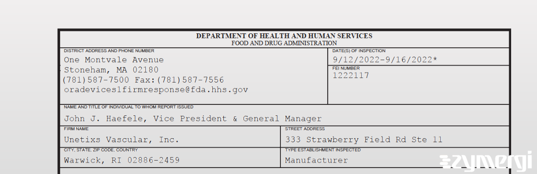 FDANews 483 Unetixs Vascular, Inc. Sep 16 2022 top