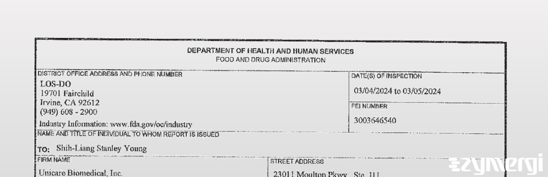 FDANews 483 Unicare Biomedical, Inc. Mar 6 2024 top