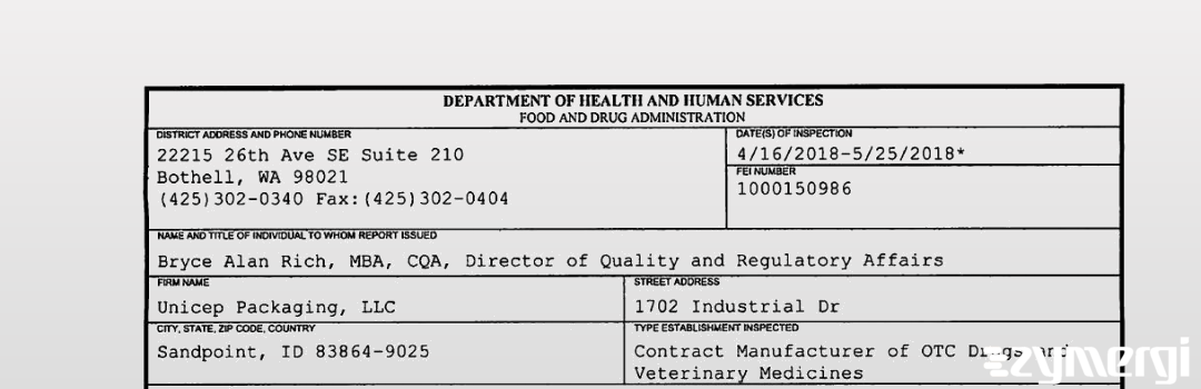 FDANews 483 Unicep Packaging Llc May 25 2018 top