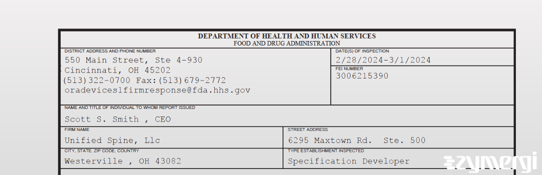 FDANews 483 Unified Spine, Llc Mar 1 2024 top