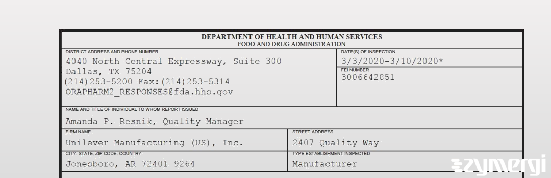 FDANews 483 Unilever Manufacturing (US), Inc. Mar 10 2020 top