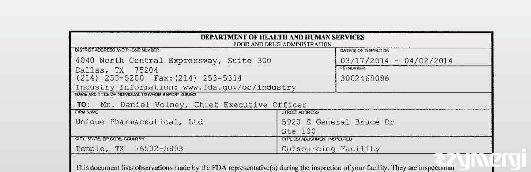 FDANews 483 Unique Pharmaceutical, Ltd Apr 2 2014 top