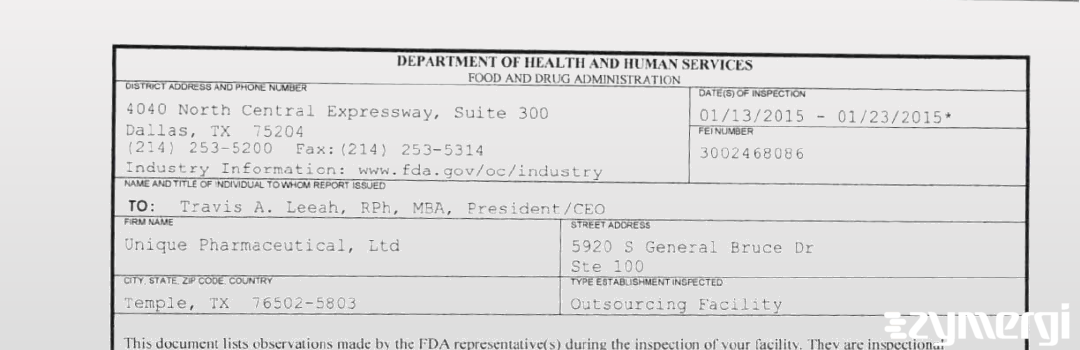 FDANews 483 Unique Pharmaceutical, Ltd Jan 23 2015 top