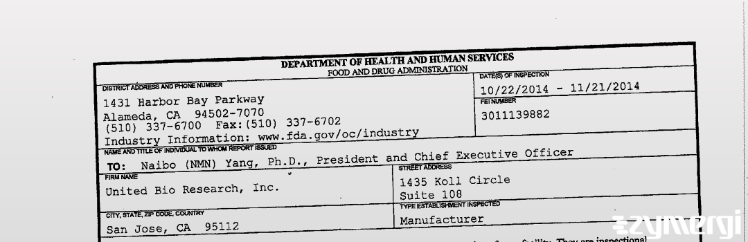 FDANews 483 United Bio Research, Inc. Nov 21 2014 top
