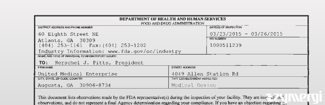 FDANews 483 United Medical Enterprises, Inc. Mar 26 2015 top