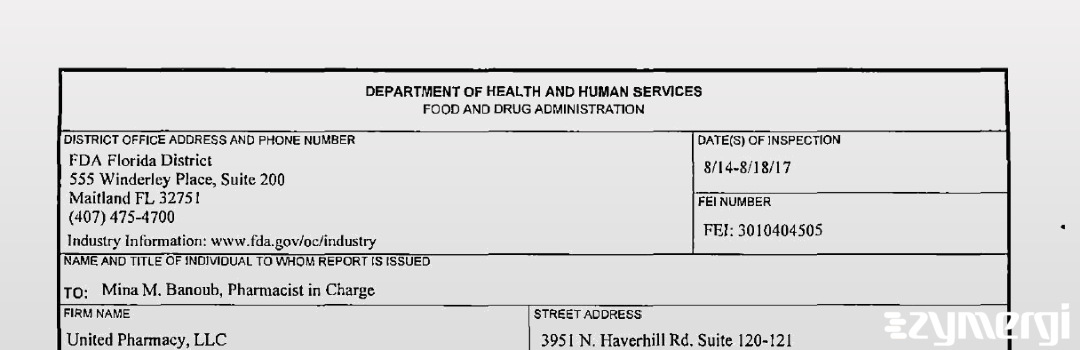 FDANews 483 United Pharmacy Aug 18 2017 top