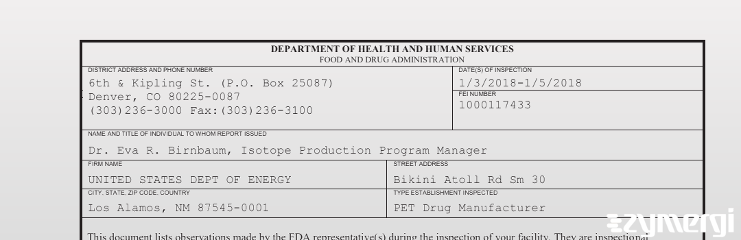 FDANews 483 UNITED STATES DEPT OF ENERGY Jan 5 2018 top