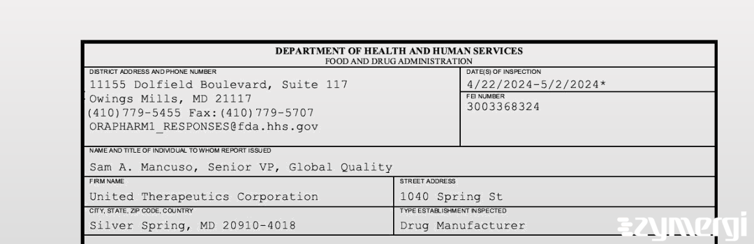 FDANews 483 United Therapeutics Corporation May 2 2024 top