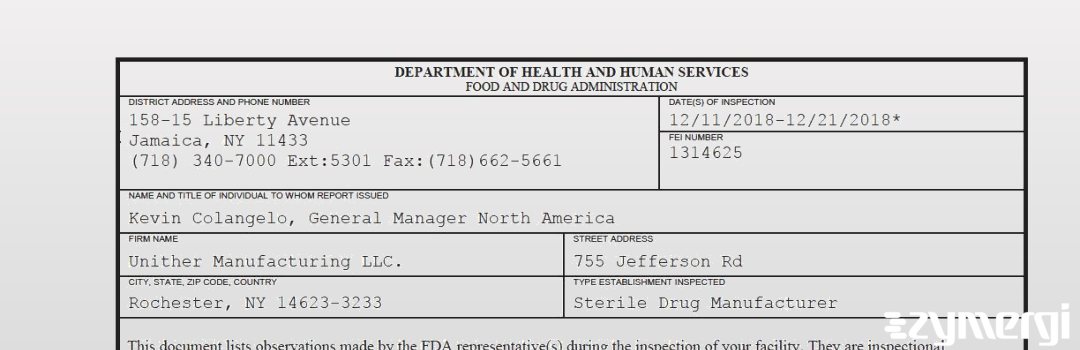 FDANews 483 Unither Manufacturing LLC. Dec 21 2018 top