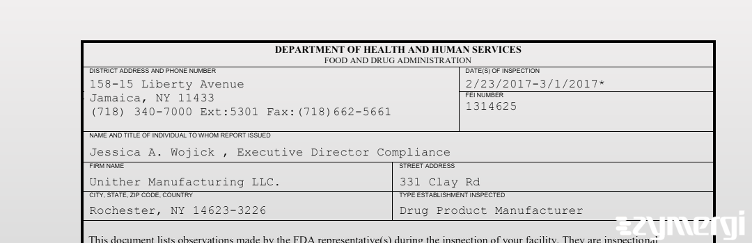 FDANews 483 Unither Manufacturing LLC. Mar 1 2017 top